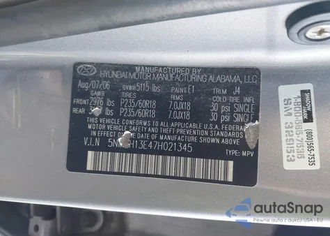 2007 Hyundai Santa Fe Limited/Se z USA, uszkodzony, nr VIN 5NMSH13E47H021345